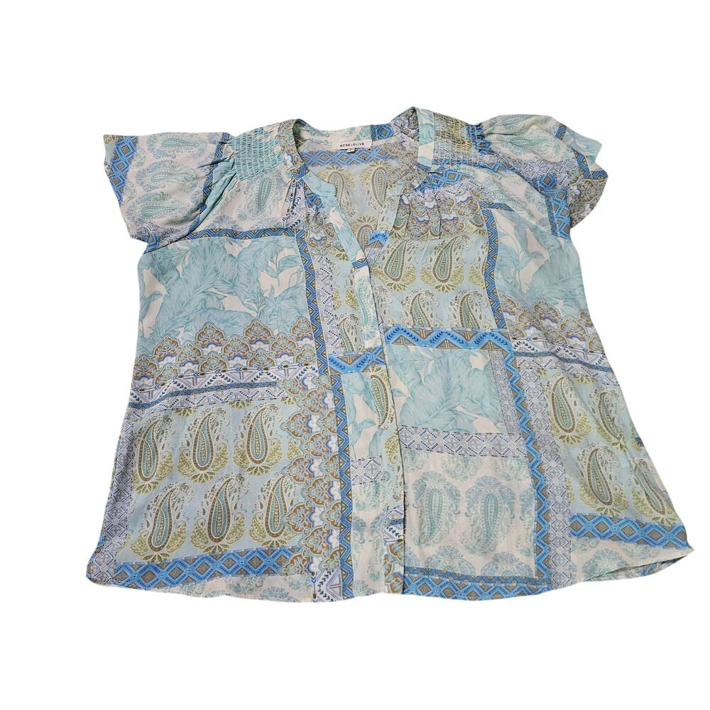 Rose & Olive Size 1X Blue White Paisley Semi Sheer Shirt Top Hippie Boho